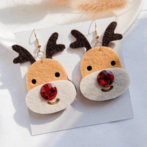 Cute Reindeer Christmas Brown Rhinestone Drop Earrings